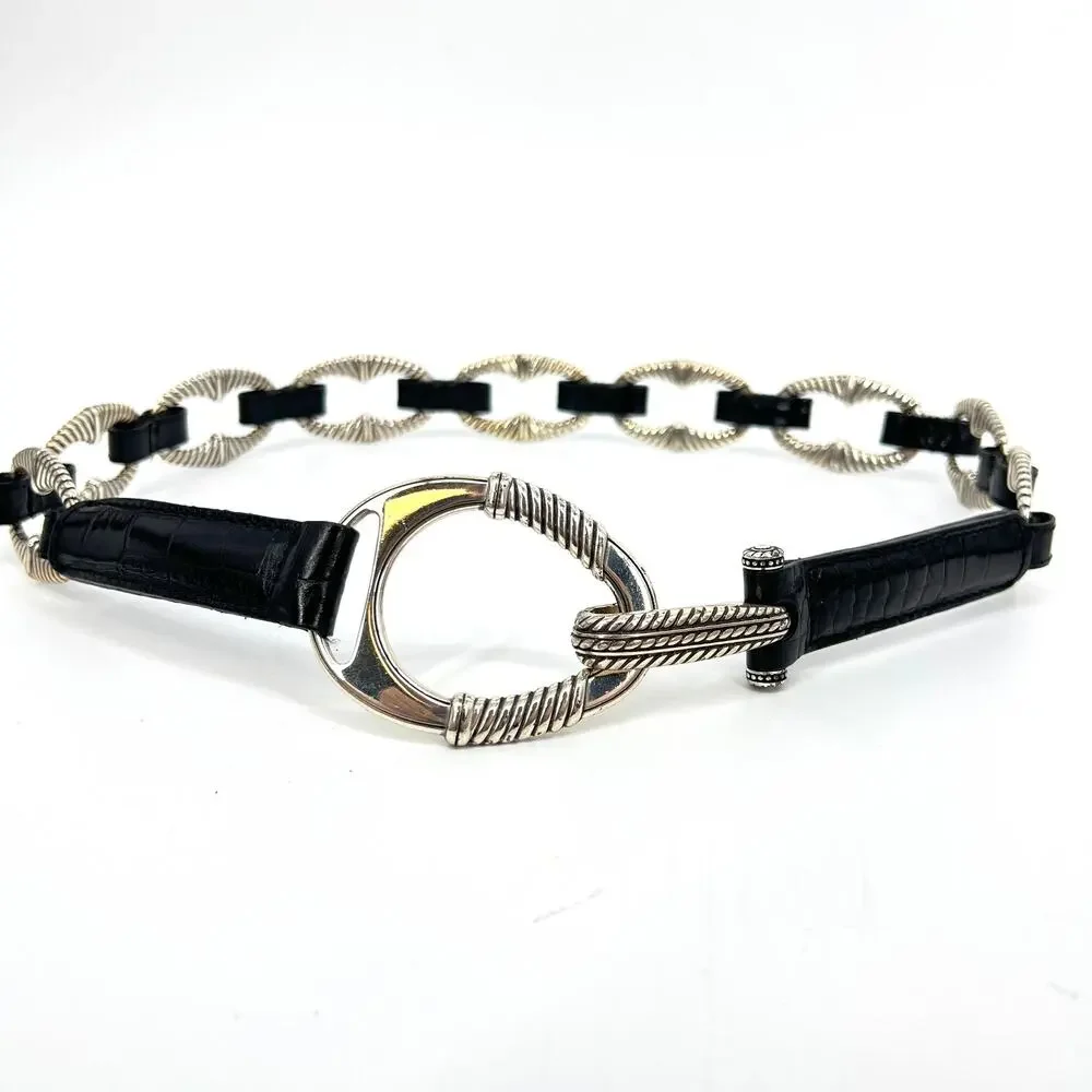 Brighton Black Reptile Embossed Leather and Silver Concho and Clasp Belt Size 36